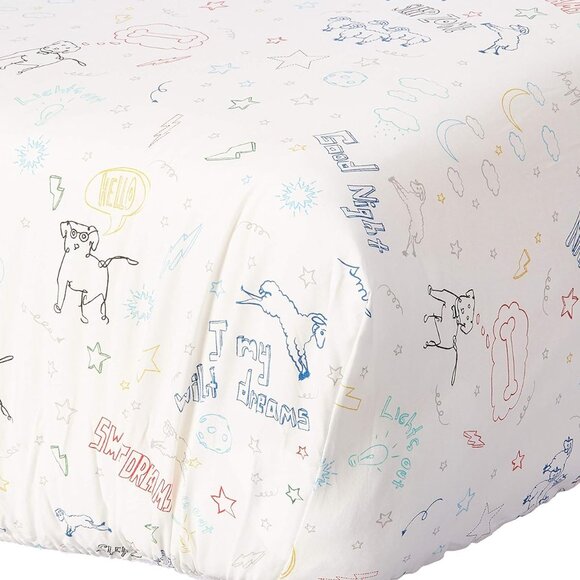 ED Ellen Degeneres "Doodle Dog" 100% Cotton Fitted Crib Sheet Off White Multi - Picture 3 of 3